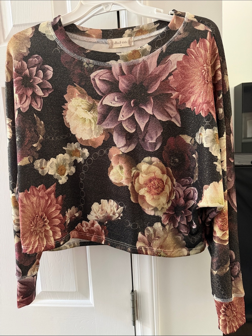 Altar'd State Black Floral Shimmer Crop Top with Pink & Cream Accents